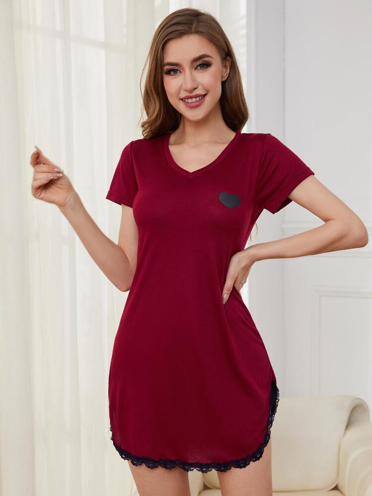 V-Neck Solid Color Heart-Shaped Nightdress