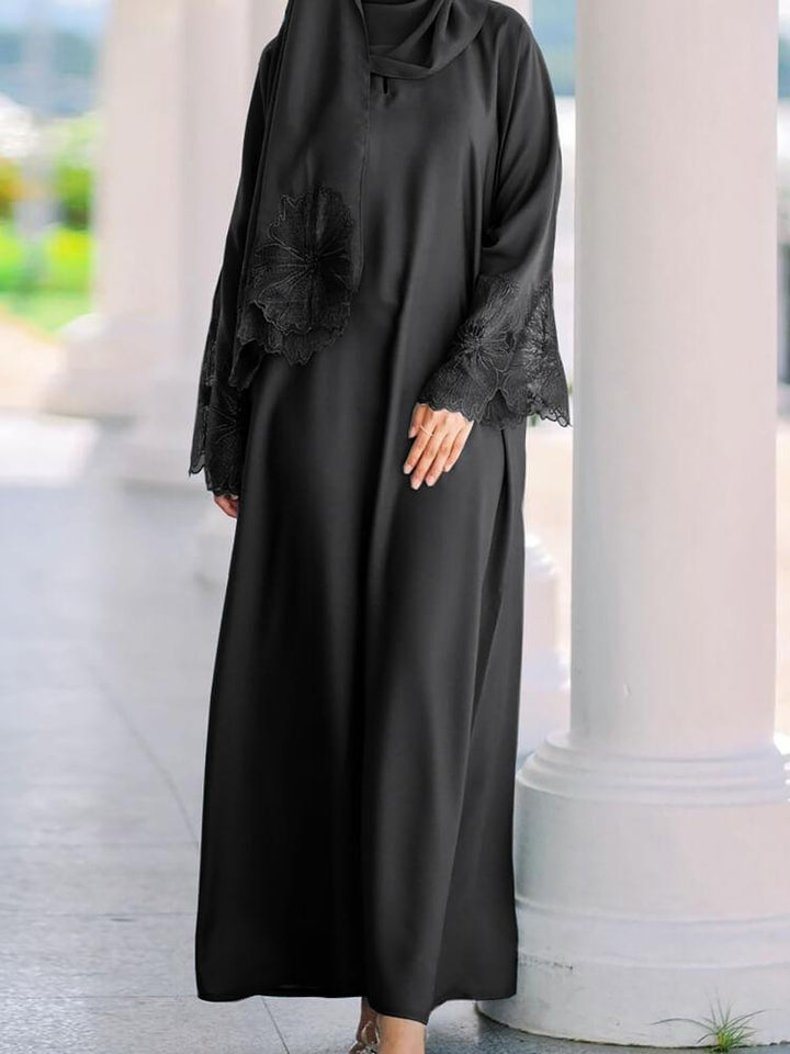 Women's Solid Color Embroidered Lace Abaya(WithHijab)