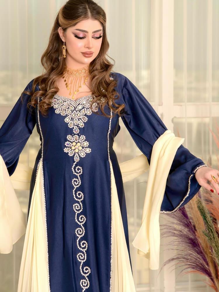 Women's Rhinestones Patchwork Contrast Maxi Dress Jalabiya
