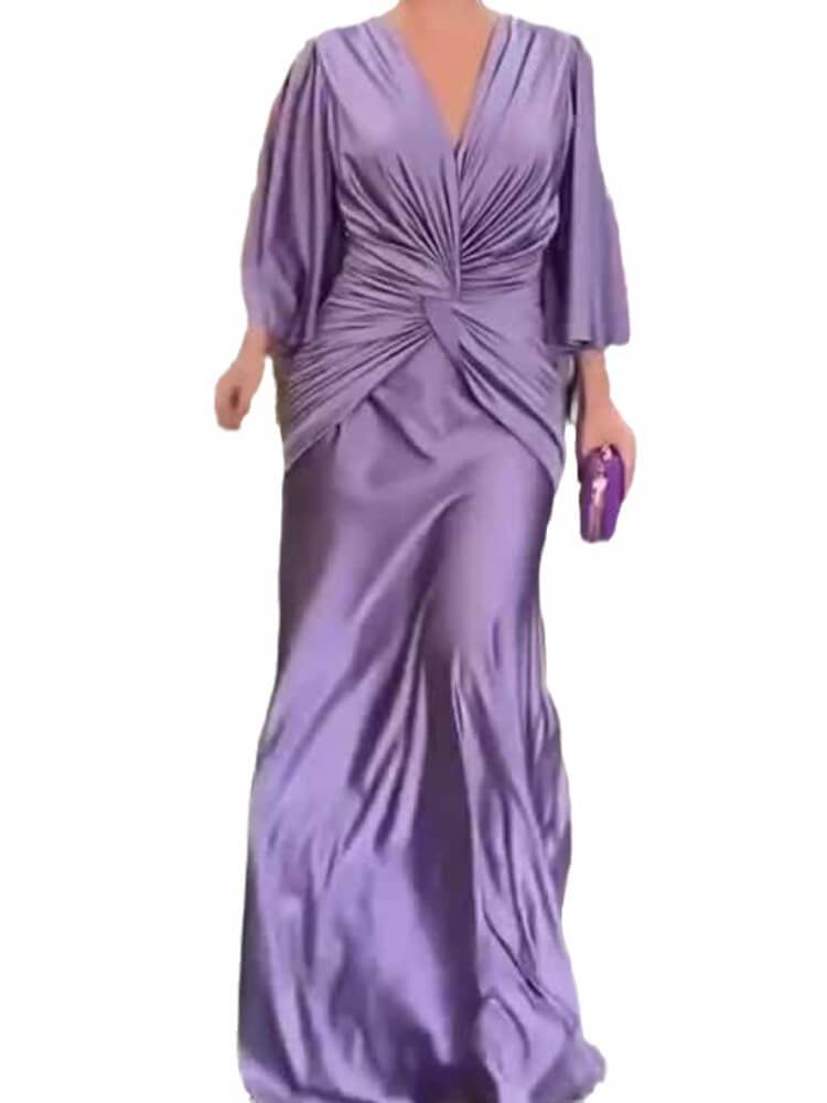 Women's V-Neck Pleated Solid Color Evening Dress