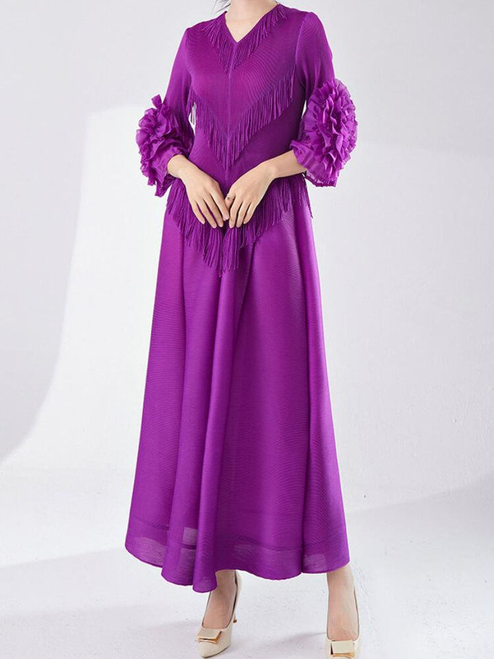 Women's Casual V-Neck Frilled Tassel Maxi Dress