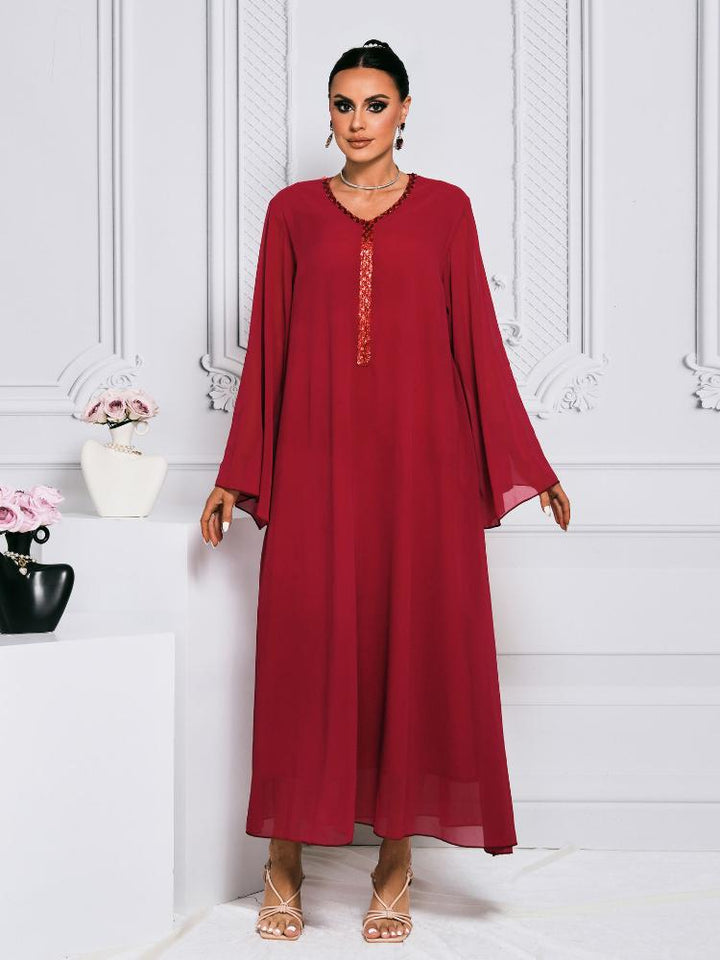 Long Sleeve V-Neck Solid Color Dress Kaftan