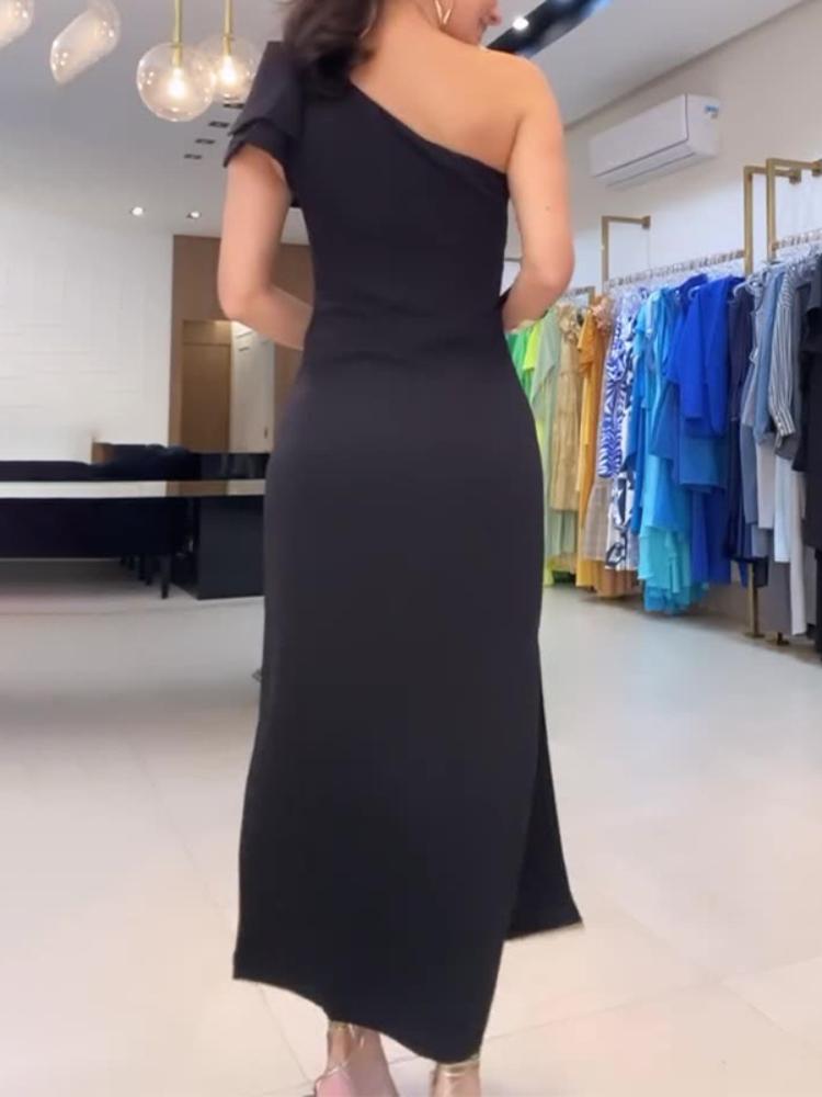 Elegant Solid Color Slant Collar Split Maxi Dress