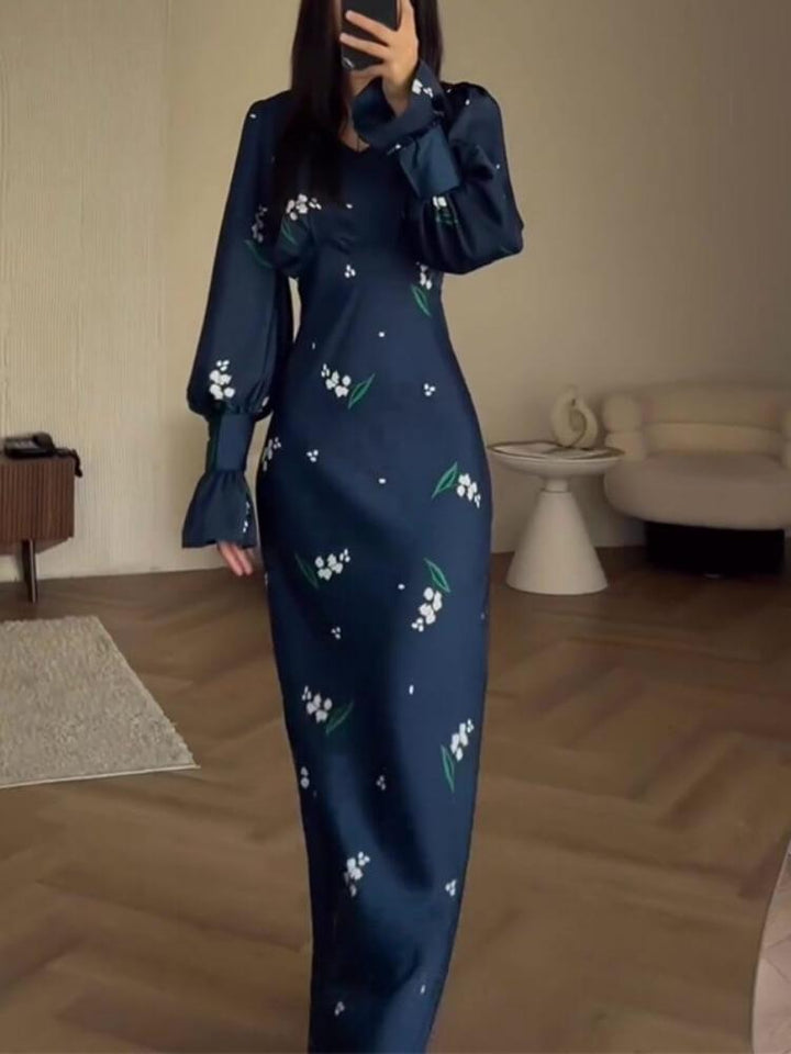Elegant Printed Bell Sleeve Slim Maxi Dress
