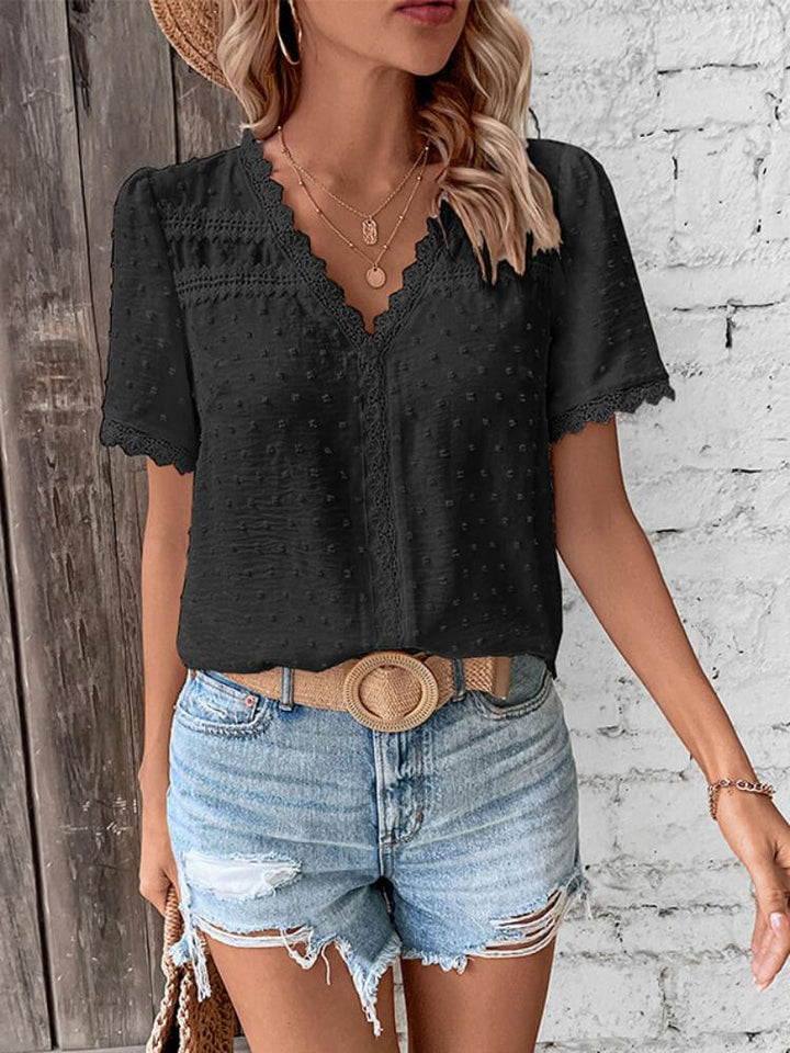 V-Neck Solid Color Lace Stitching Shirt