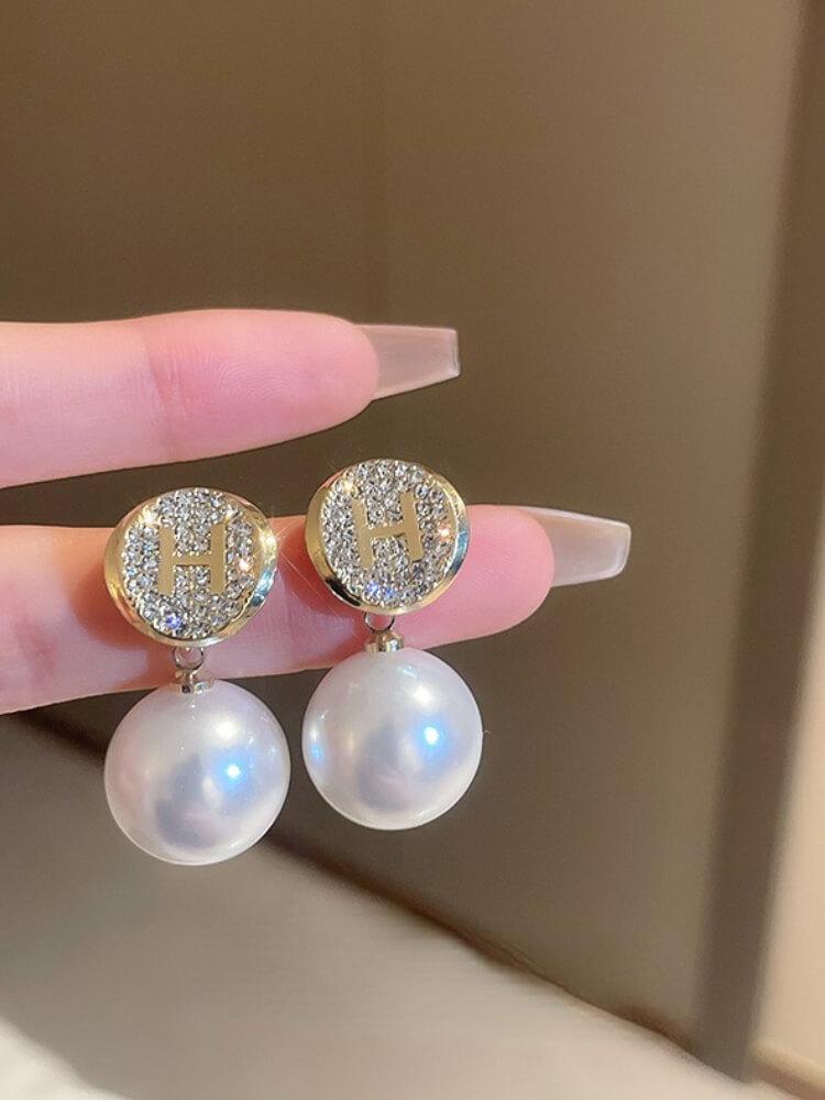 Silver Needle Pearl Diamond Letter Earrings