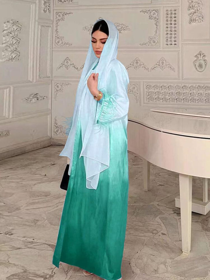 Solid Color Gradient Feather Abaya Two-Piece Set (without Hijab)