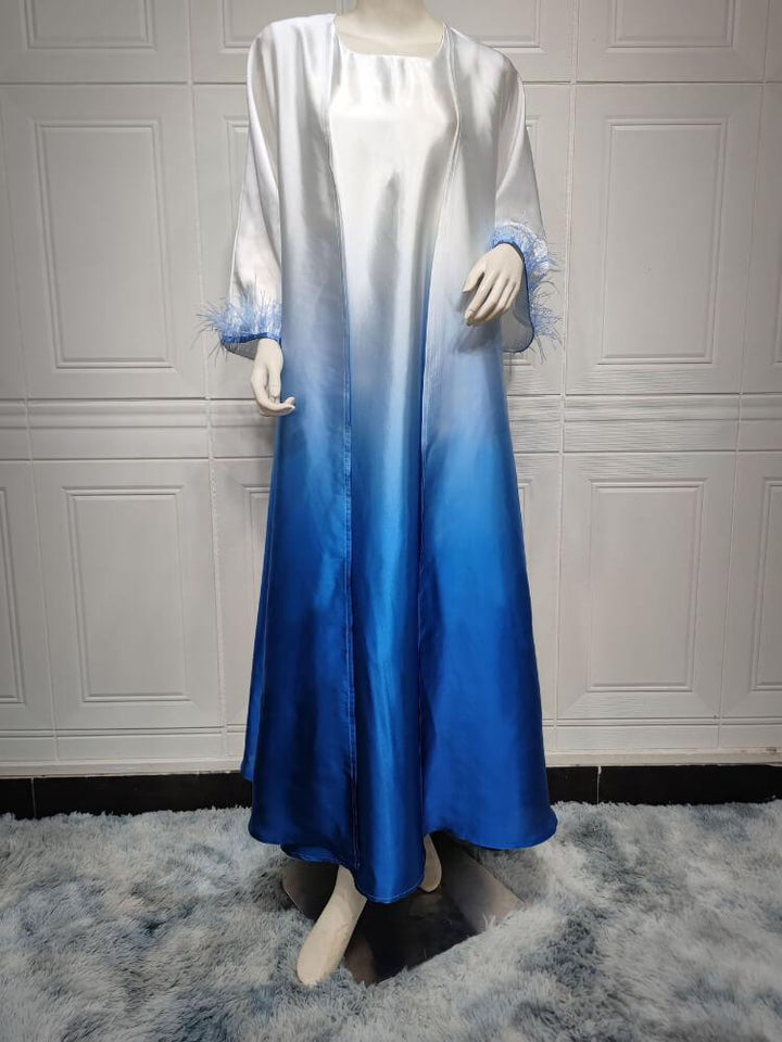Solid Color Gradient Feather Abaya Two-Piece Set (without Hijab)